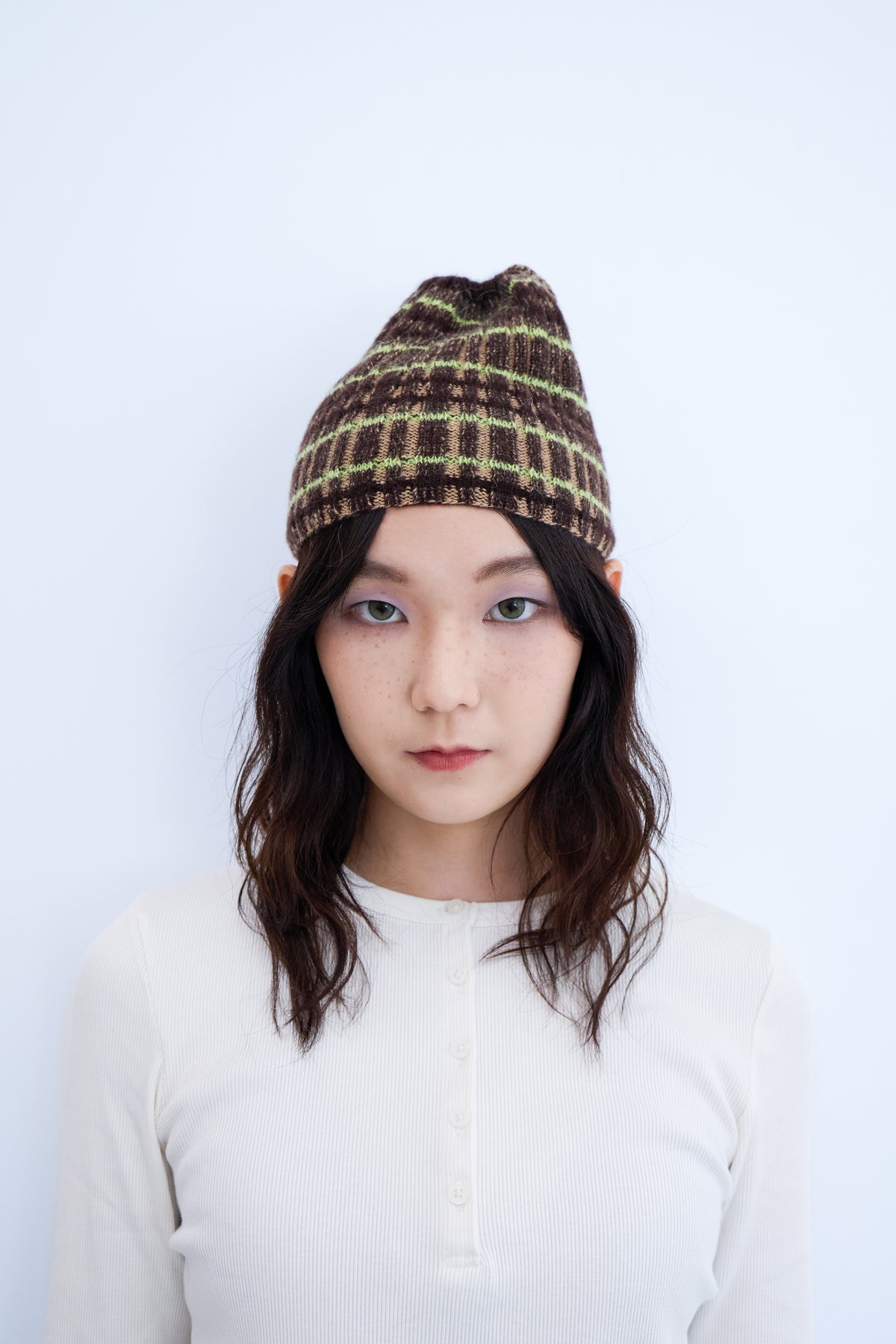 Plaid Pouch Beanie- Brown