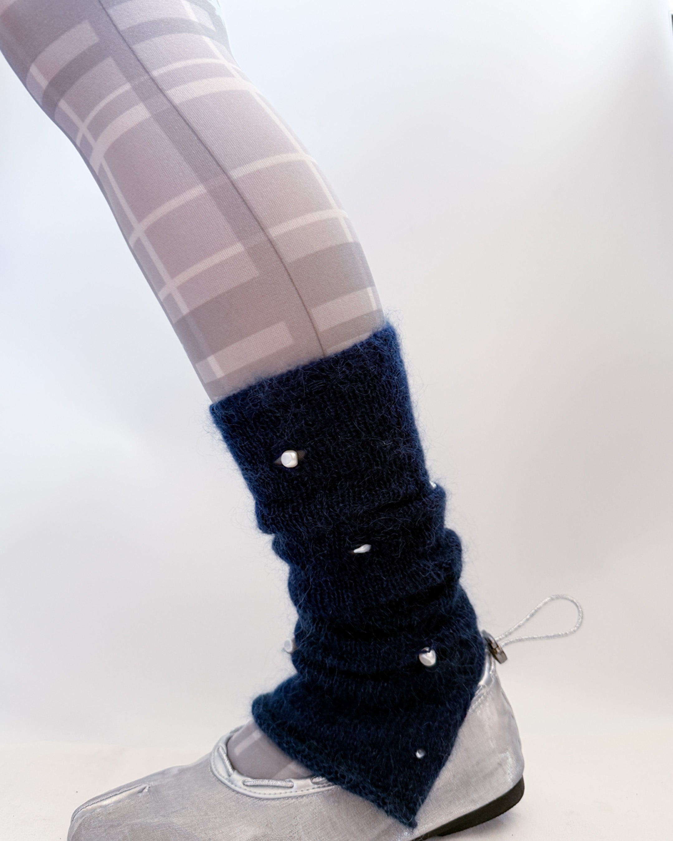 handmade navy leg warmers wool mohair pearl detail