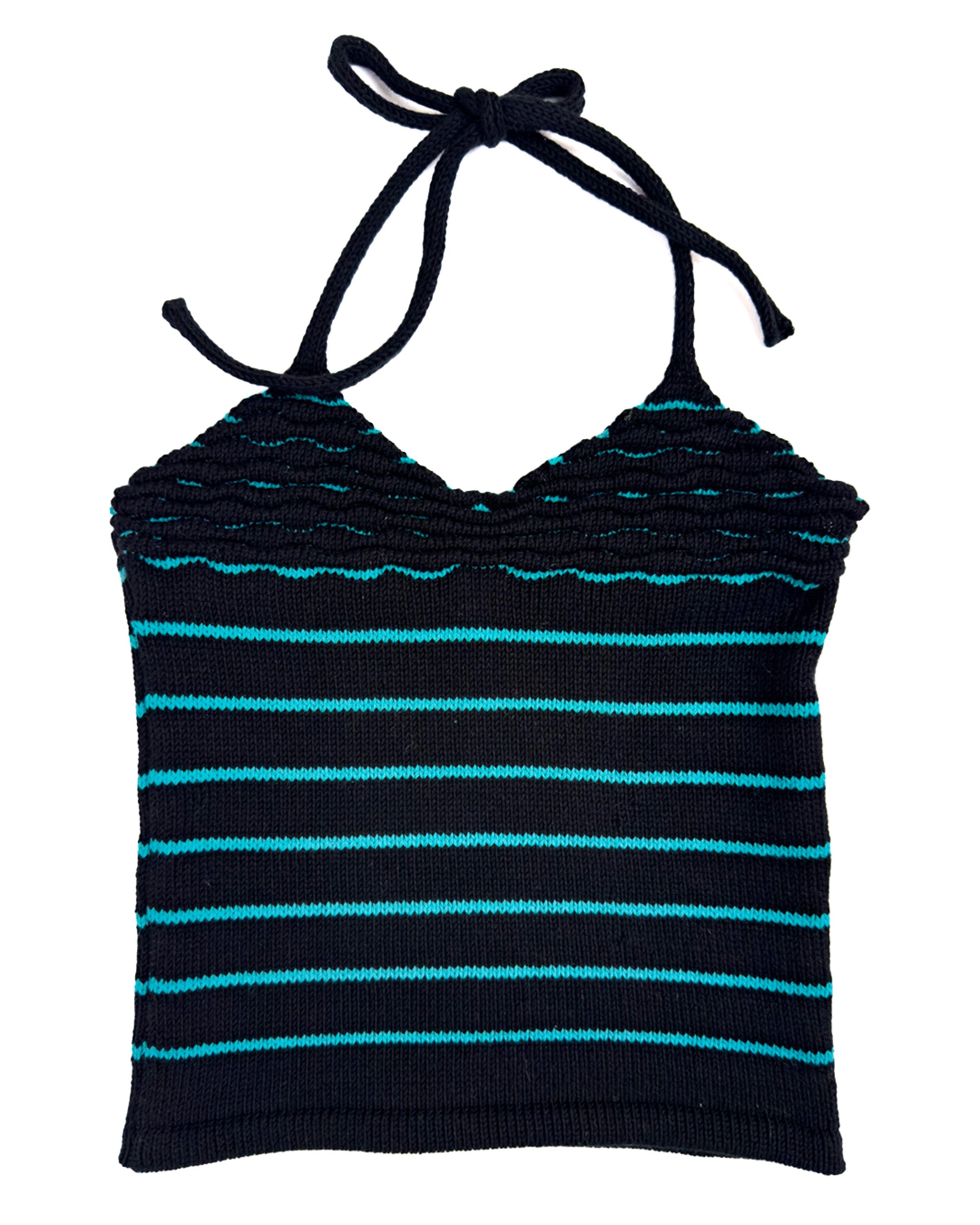 Handmade black and turquoise cotton knit halter bra with wave texture and striped pattern