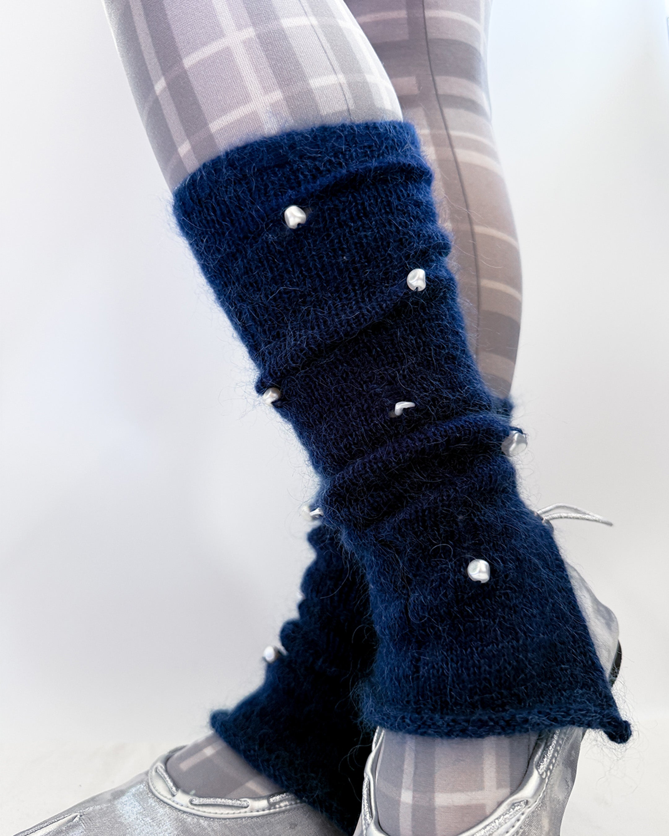 handmade navy leg warmers wool mohair pearl detail