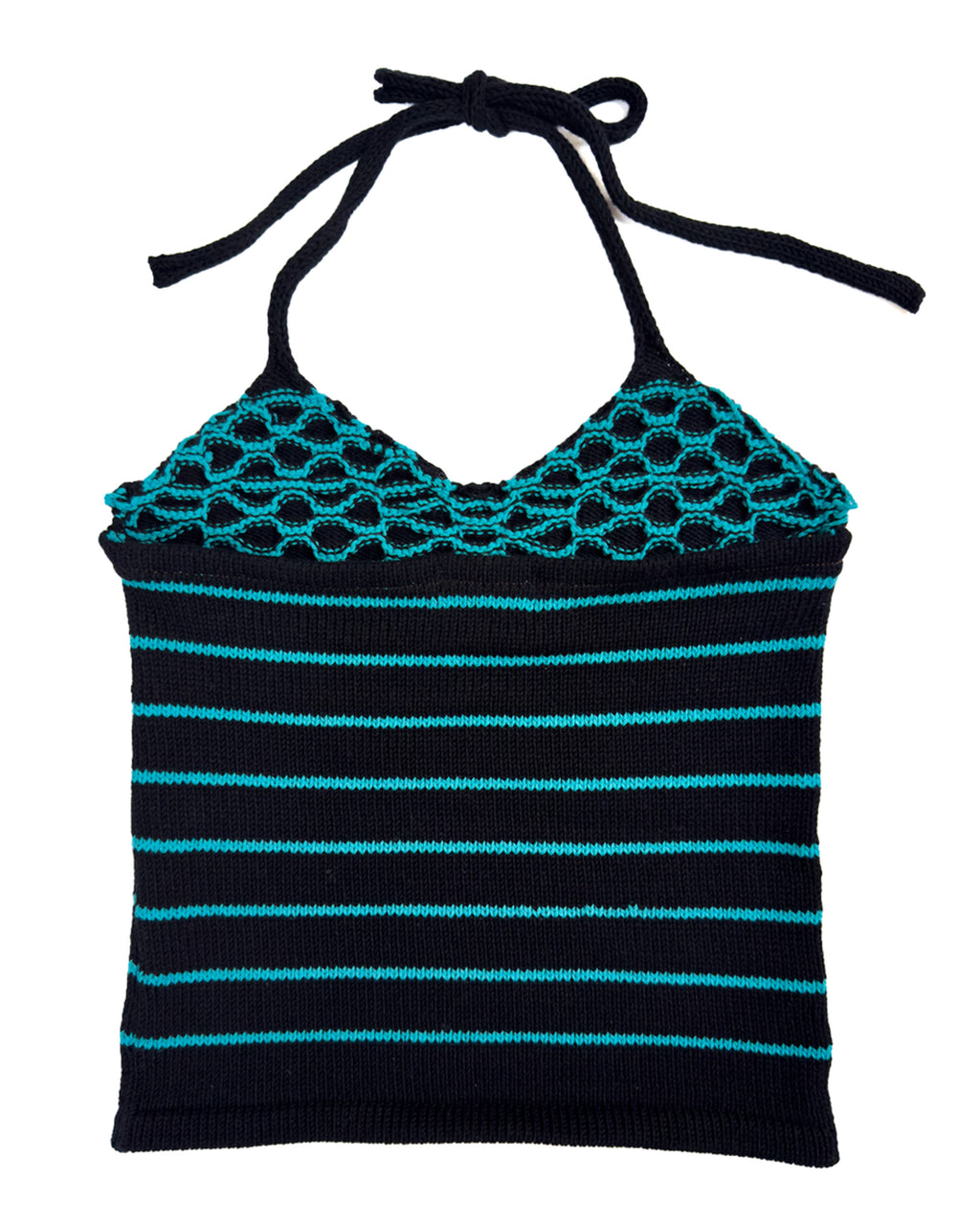 Handmade black and turquoise cotton knit halter bra with wave texture and striped pattern