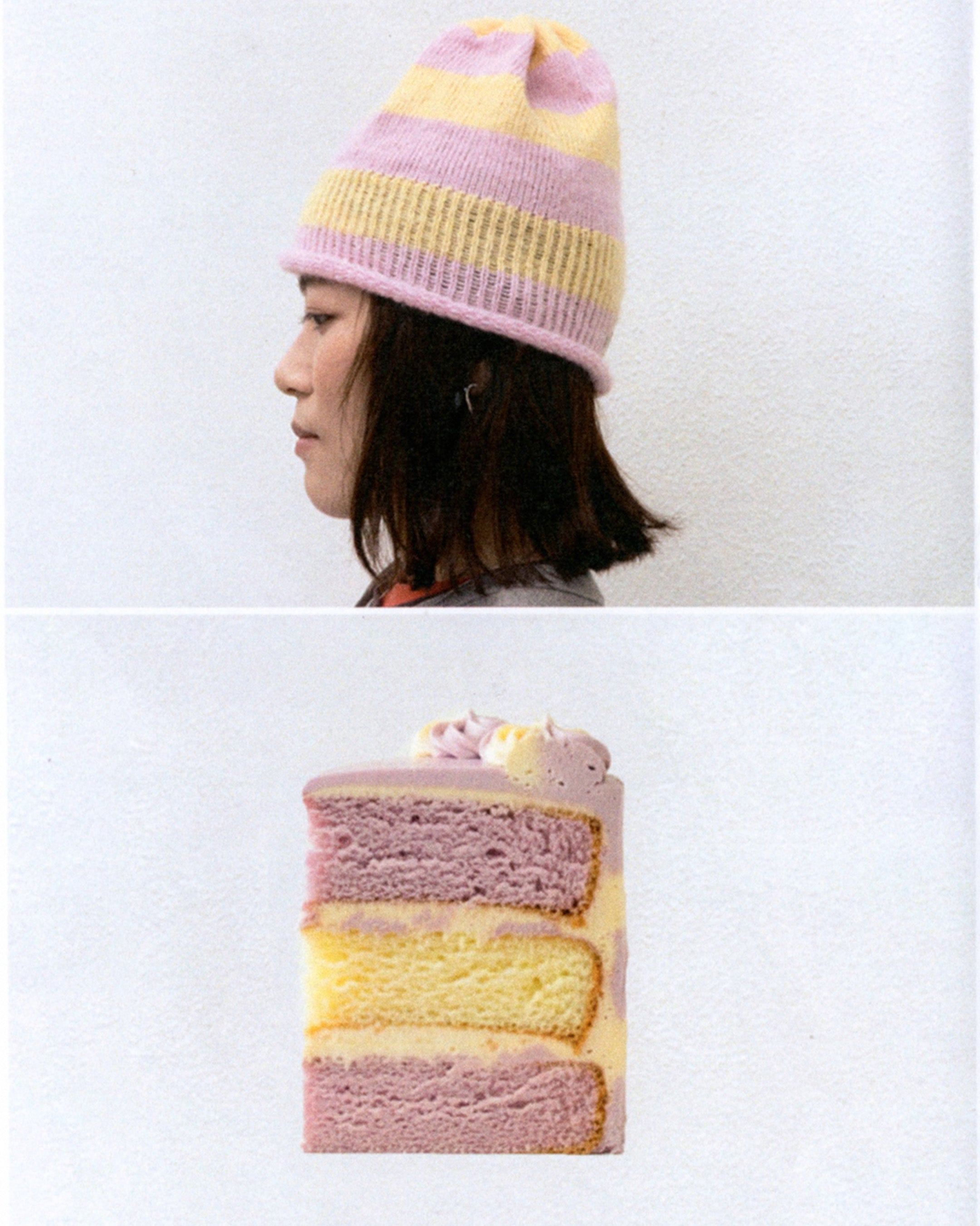 soft knit beanie in pastel color worn on model
close-up of wool mohair beanie with stripe pattern
side profile of lightweight knit hat with soft texture