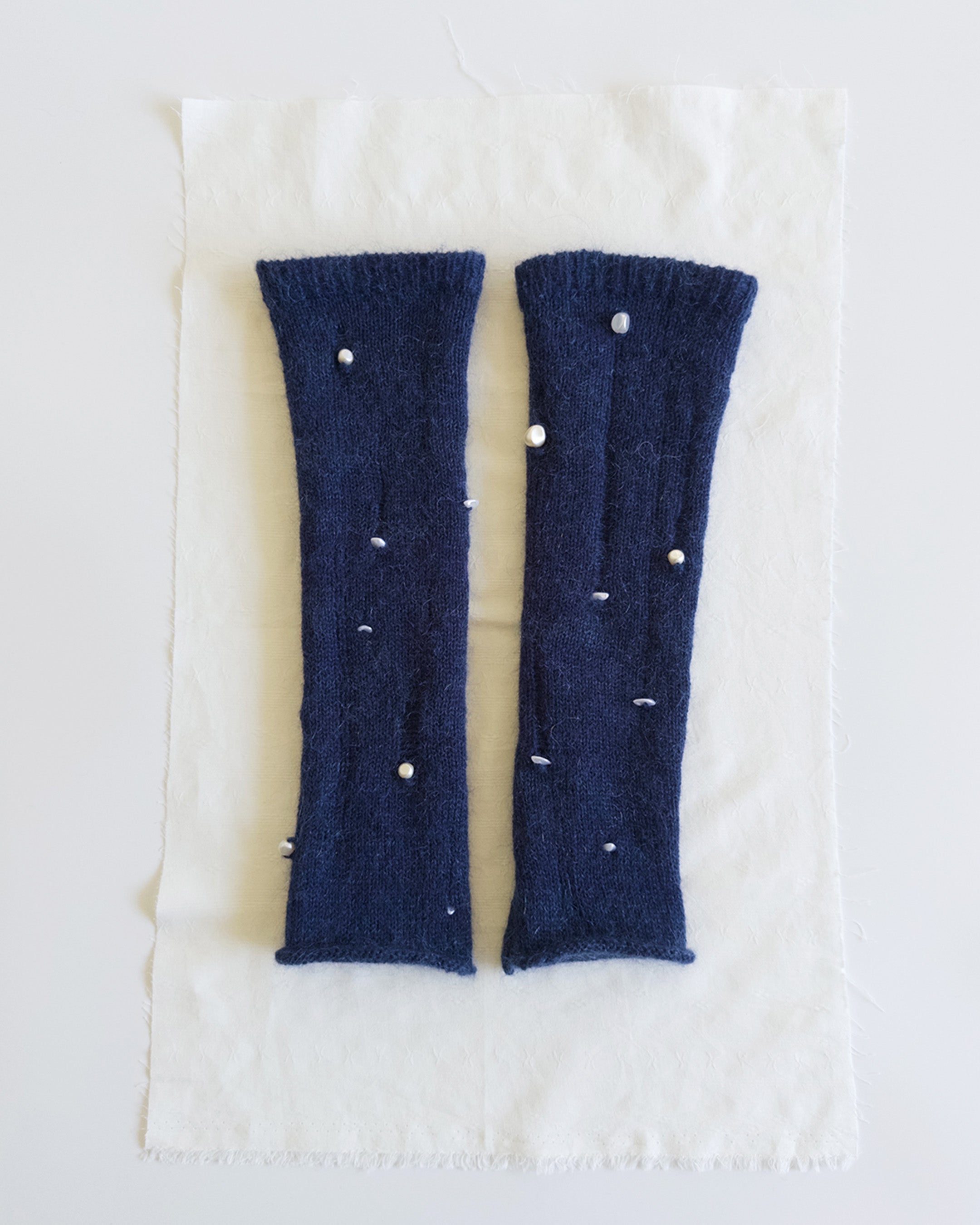 handmade navy leg warmers wool mohair pearl detail
