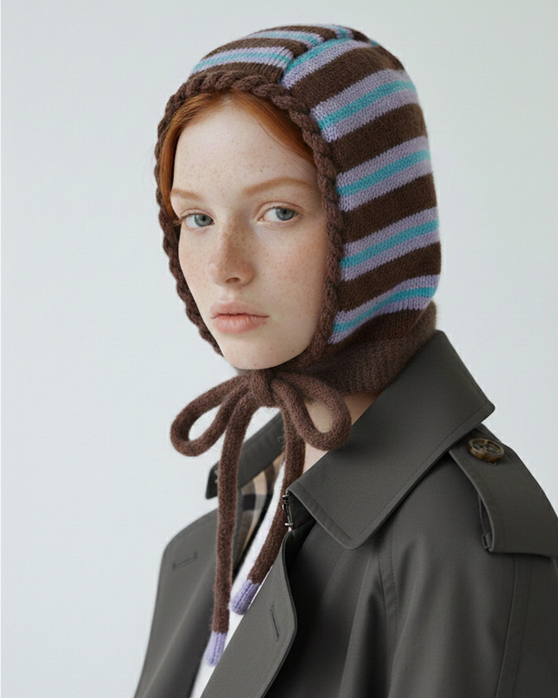 handmade purple striped bonnet wool mohair