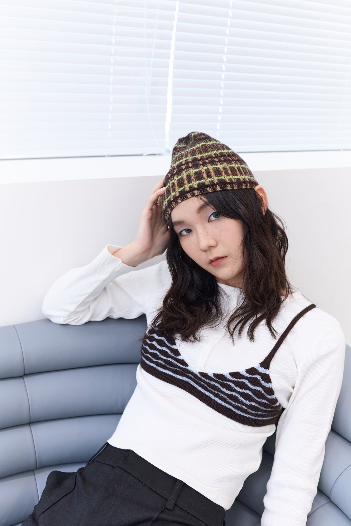 Plaid Pouch Beanie- Brown