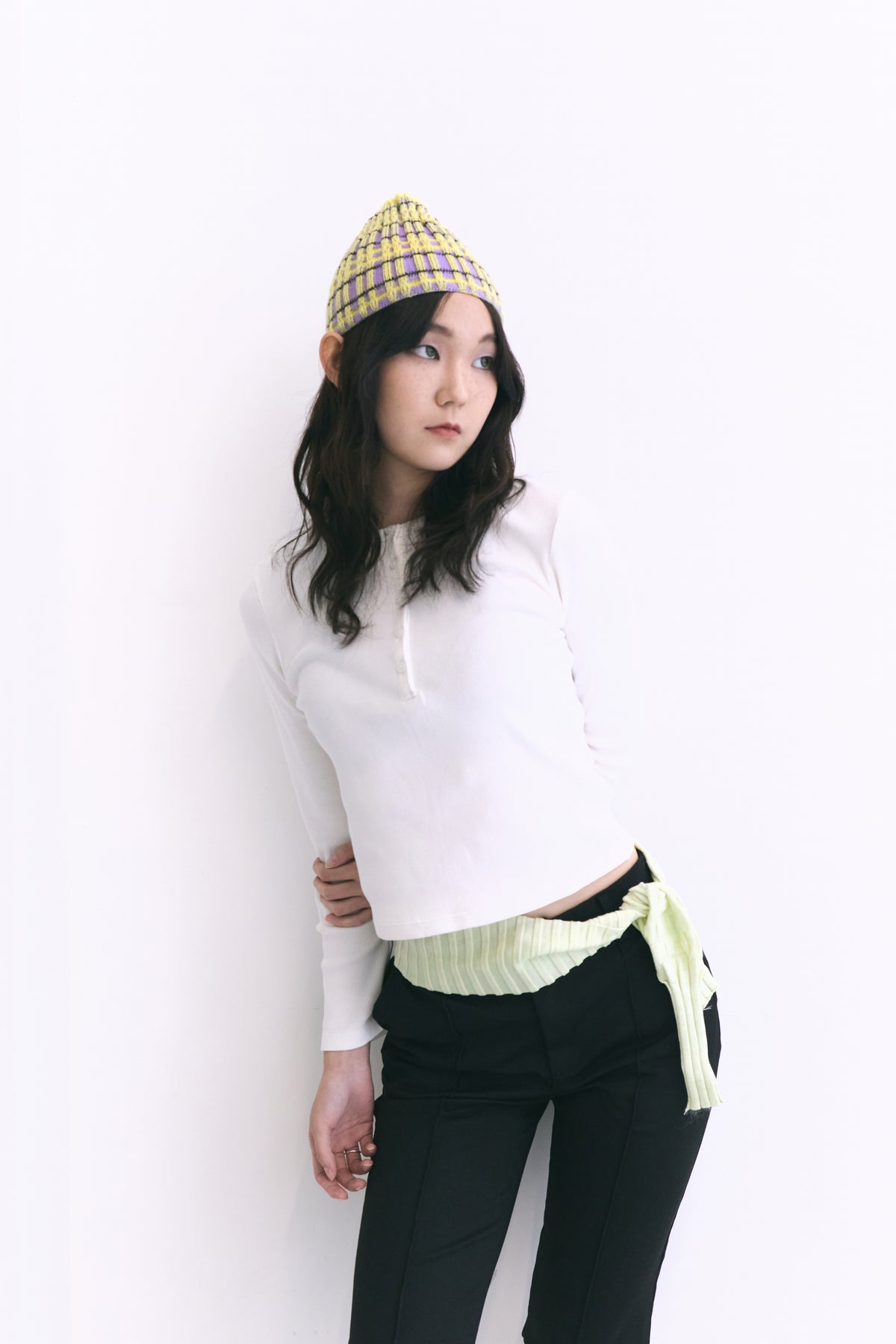 Plaid Pouch Beanie- Lemon